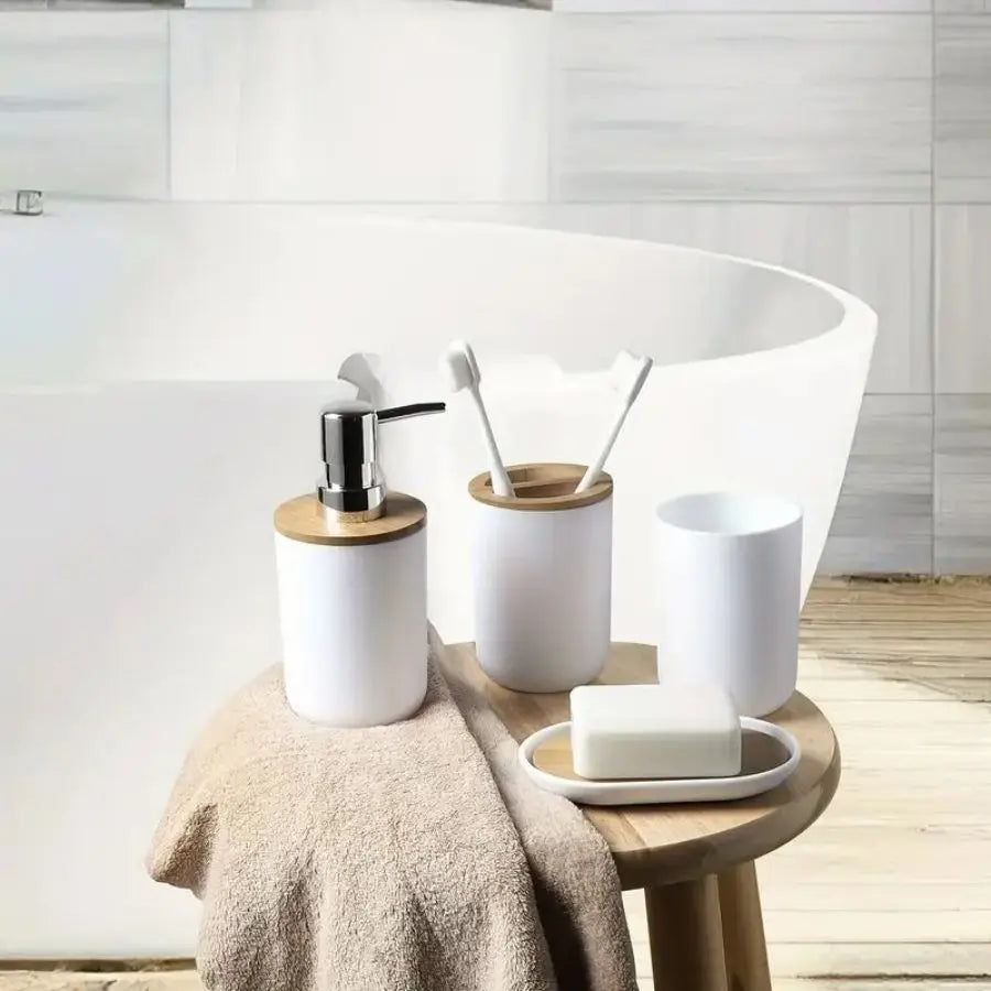4pcs Bathroom Accessories Set,Include Toothbrush Holder and Cup,Lotion Dispenser,Soap Dish, Bamboo Cover Set