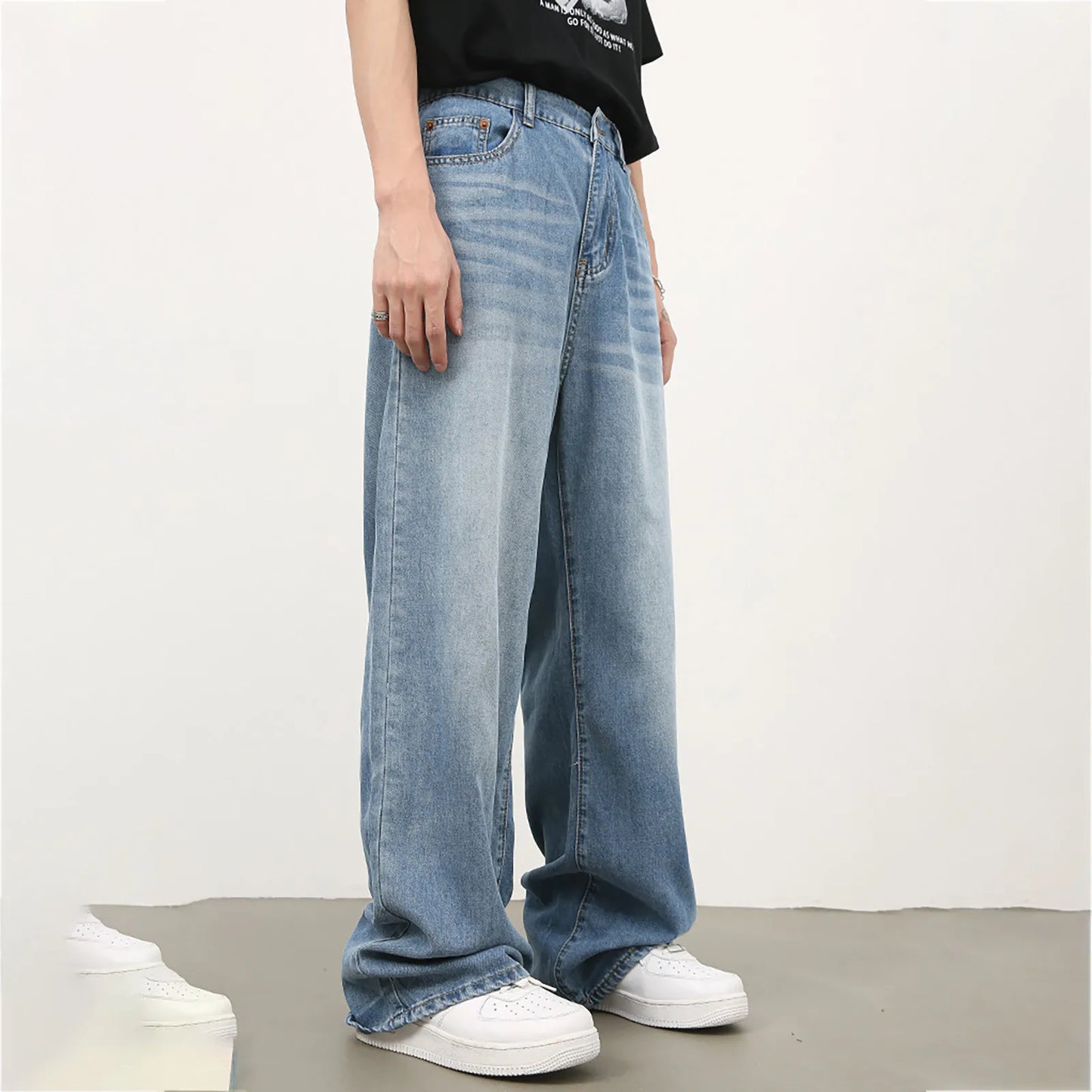 Vintage Simple Style Men's Jeans Fashion Washed Casual Wide Leg Denim Pants Autumn Winter Retro Loose Male Trousers Blue Jeans