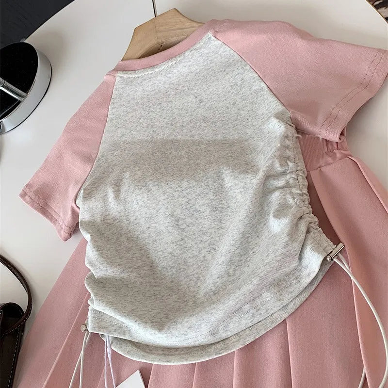 Short Sleeves Top Pleated Skirt 2-Piece Suits Children Girls Letter Print Clothes Kids Casual Sets Teens Summer T-Shirt Outfits