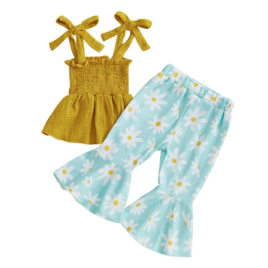 Kids Girls 2 Piece Outfits Tie up Strap Smocked Camisole and Elastic Daisy Print Flared Pants Summer Clothes