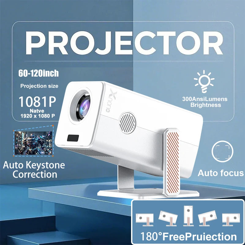 4K HM103-A Portable Projector Android 13BT5.2 1920*1080P Dual WiFi5 300ANSI Amlogic T950S Home Theater Mini Projector Stand