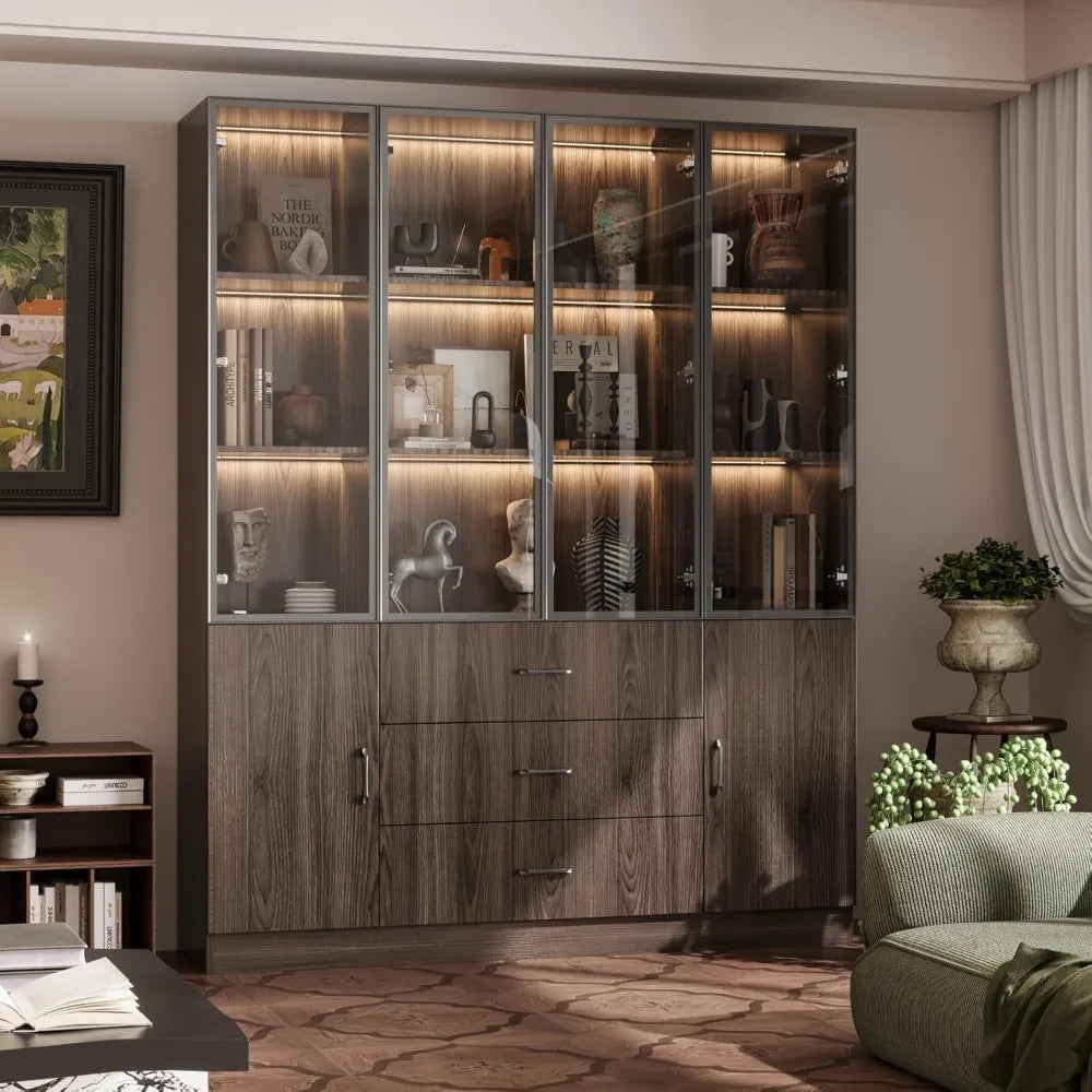 Display Cabinet with Glass Doors and Lights, Display Case Trophy Case with 3 Drawers & Storage Shelves, Pop-up Design, Glass Ca