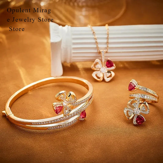 S925 Luxurious Set of Rose Colored Rings, Bracelets, and Necklaces. Where Opulence Meets Elegance，As Unique As You Are