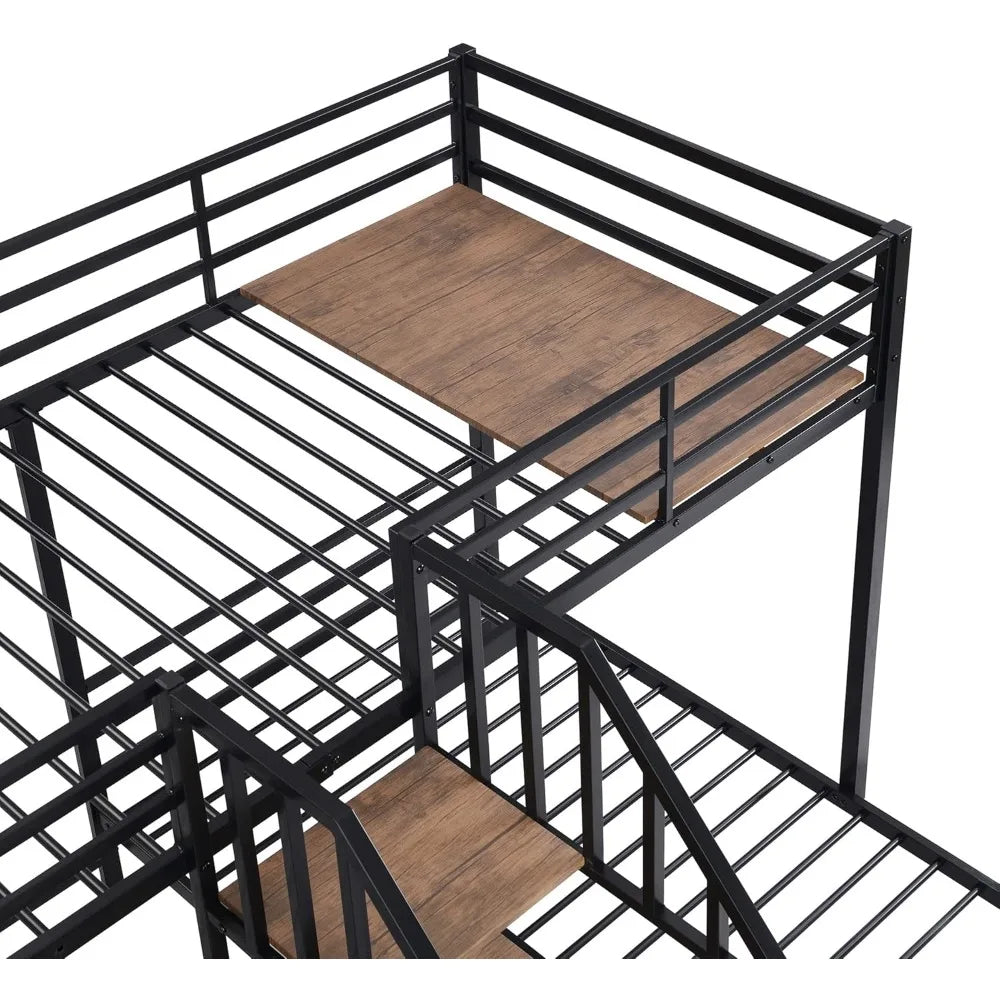 Harper & Bright Designs Metal Triple Bunk Bed with Stairs, 3 Beds Bunk Bed & Twin Over Twin Bunk Bed with Storage Shelves Stairc