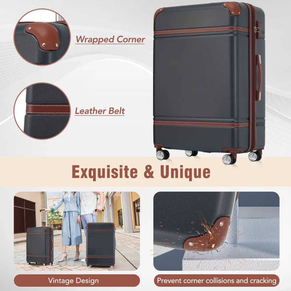 20 IN Hardside Luggage with Cosmetic Case 2 Piece Lightweight Suitcase Set with Spinner Wheels Carry on Vintage Luggage Black