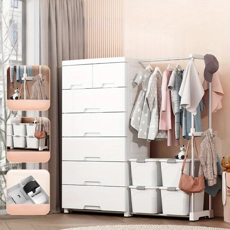 5/6-Tier White Wardrobe with Extendable Hanger - Large Space & Partitioned Storage Wardrobe for Bedroom, Dormitorie