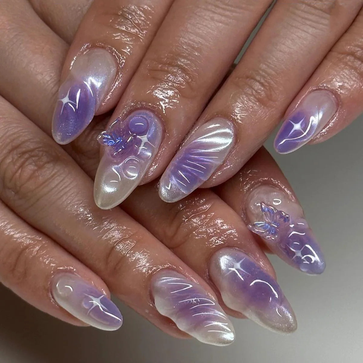 24pcs Aurora Nude Pink Press on Nails Almond Acrylic Sweet Fake Nails with 3d Charms Butterfly Florals Full Cover Flower Nails