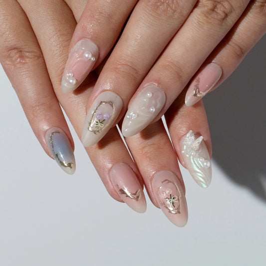 24pcs Aurora Nude Pink Press on Nails Almond Acrylic Sweet Fake Nails with 3d Charms Butterfly Florals Full Cover Flower Nails
