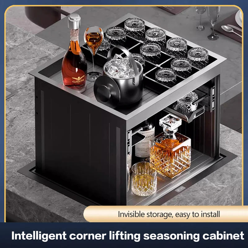 Intelligent Electric Voice-Controlled Lifting Corner Wine Cabinet High-End Kitchen Seasoning Stable Storage Rack Cabinet Drawer