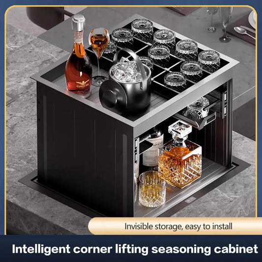 Intelligent Electric Voice-Controlled Lifting Corner Wine Cabinet High-End Kitchen Seasoning Stable Storage Rack Cabinet Drawer