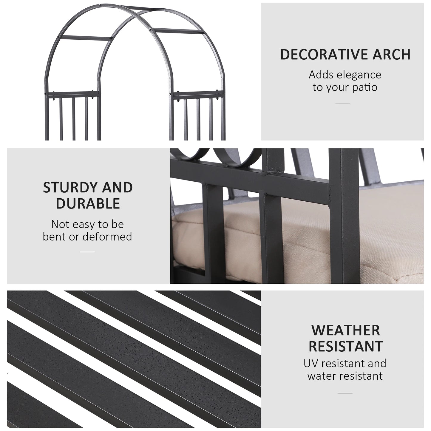 Outsunny Garden Arbor Arch Metal Bench Padded Seat Outdoor Decoration Patio