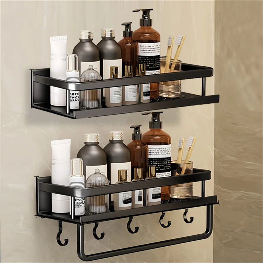 Aluminum Bathroom Supplies Storage Hook Shelf Multifunctional Wall Mounted Shelf Bathroom Towel Bar Bathroom Items Storage Rack