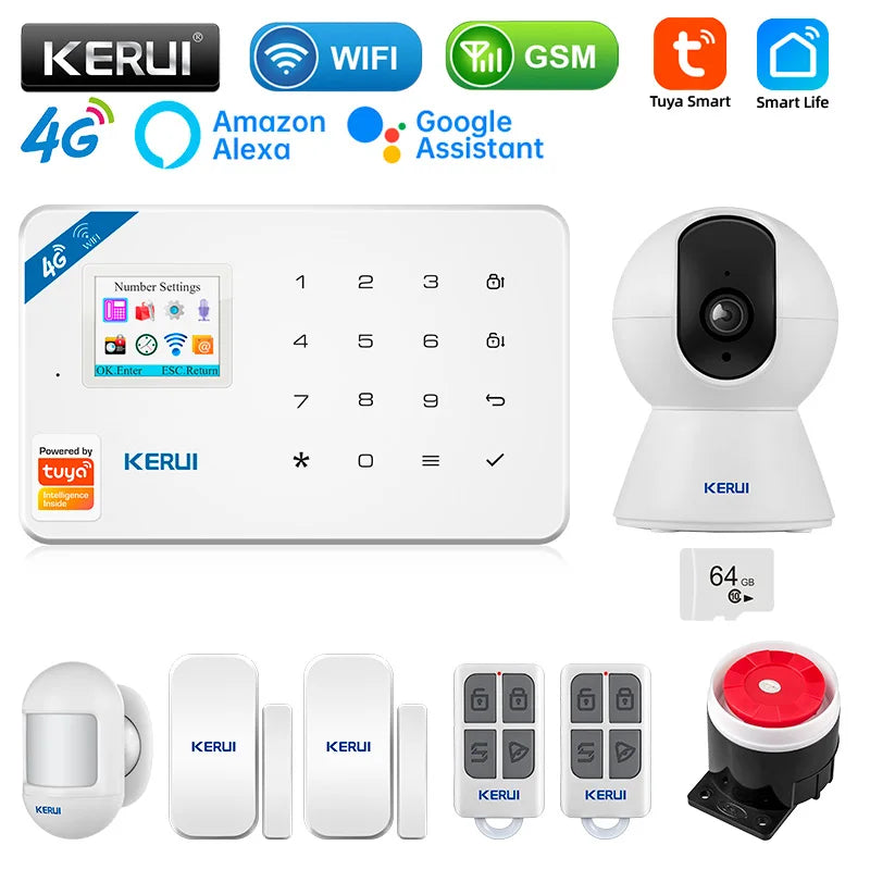 KERUI 4G/2G Smart Home Security Alarm System with Door Sensor Motion Detector Siren Tuya Smart WIFI GSM Burglar Alarm Kit