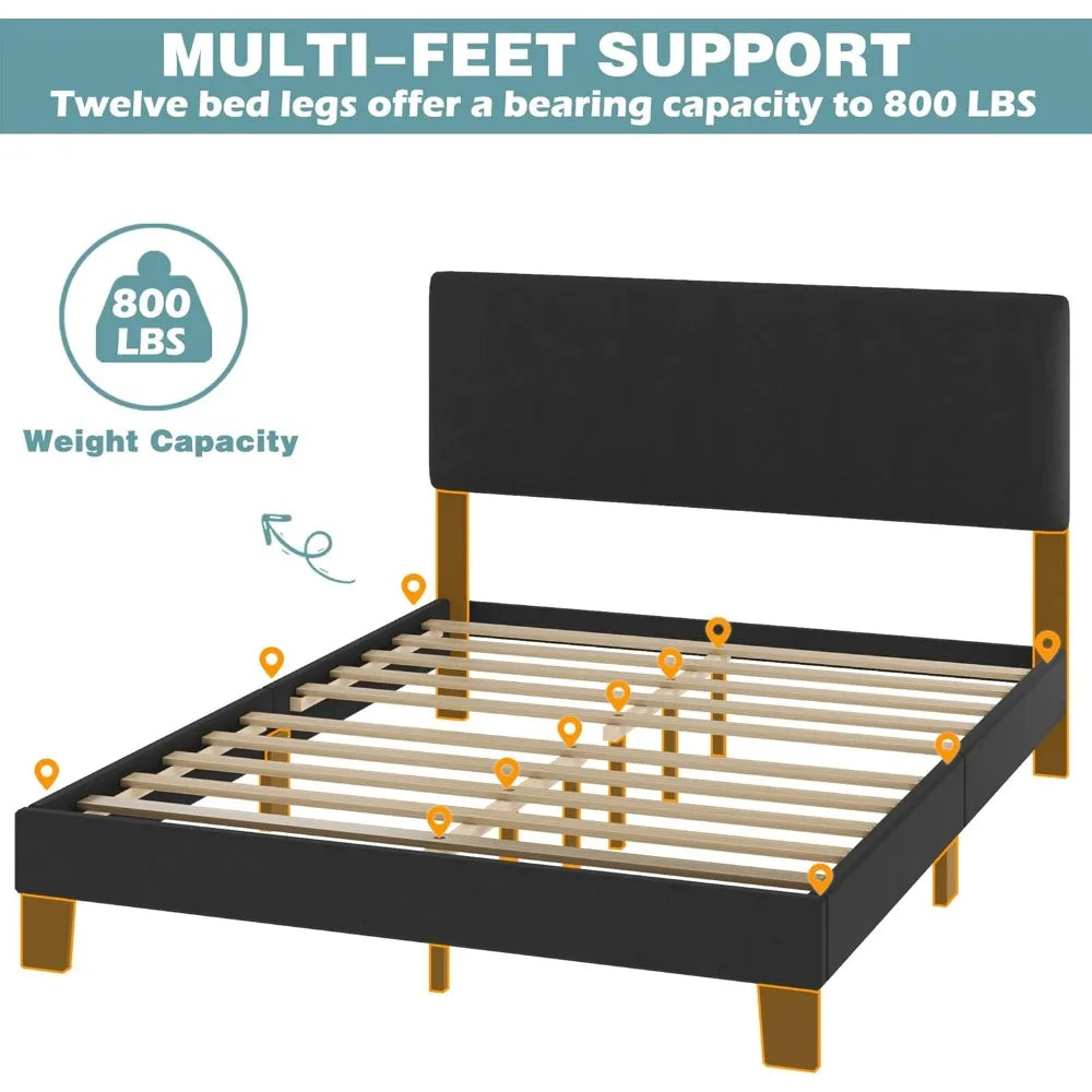 Queen Bed Frame with Headboard,Linen Upholstered Bed Frame with Wood Slats Support,No Box Spring Needed,Heavy Duty Feet