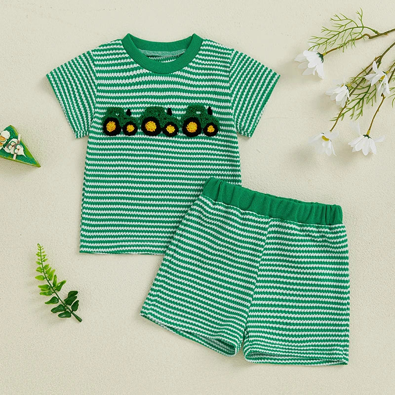 Toddler Boys 2-Piece Outfit Short Sleeve Dinosaur Print T-shirt with Denim Shorts Summer Set for Little Boys