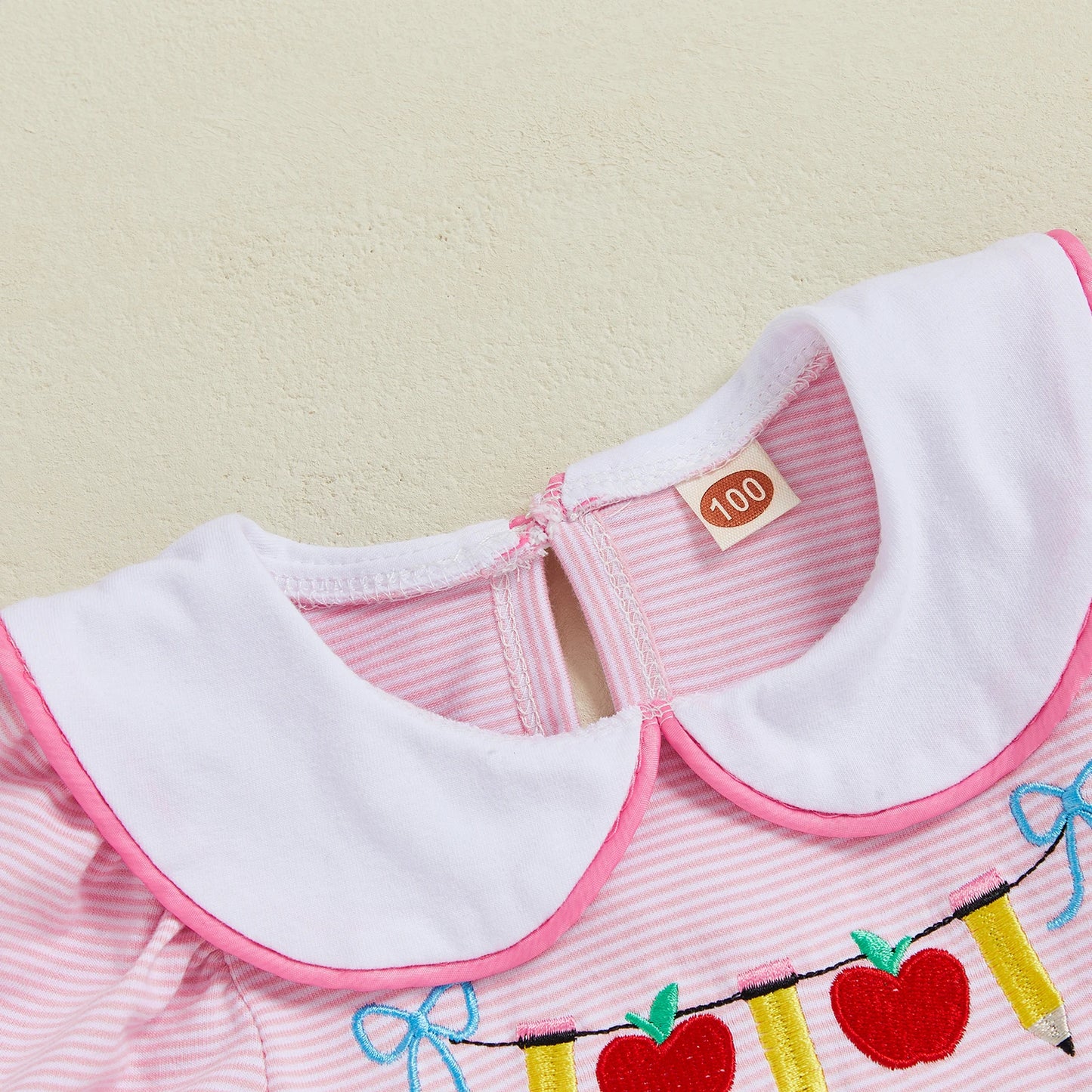 Girl Back to School Dress Striped Apple Pencil Embroidered Doll Collar Short Sleeve A-line Dress Cute Toddler Summer Clothes