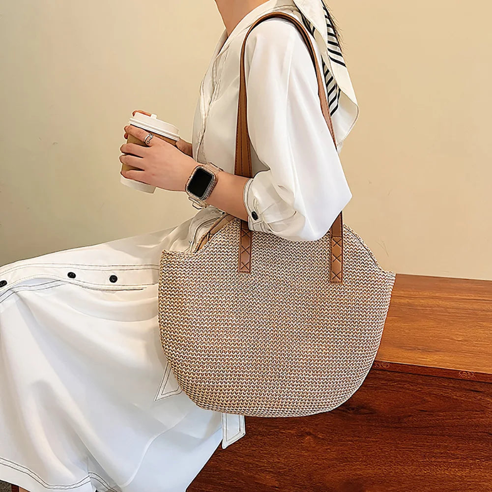 Straw Beach Women Handbag Handmade Woven Boho Vintage Summer Shoulder Top-Handle Bag Large Capacity Lady Vacation Casual Tote