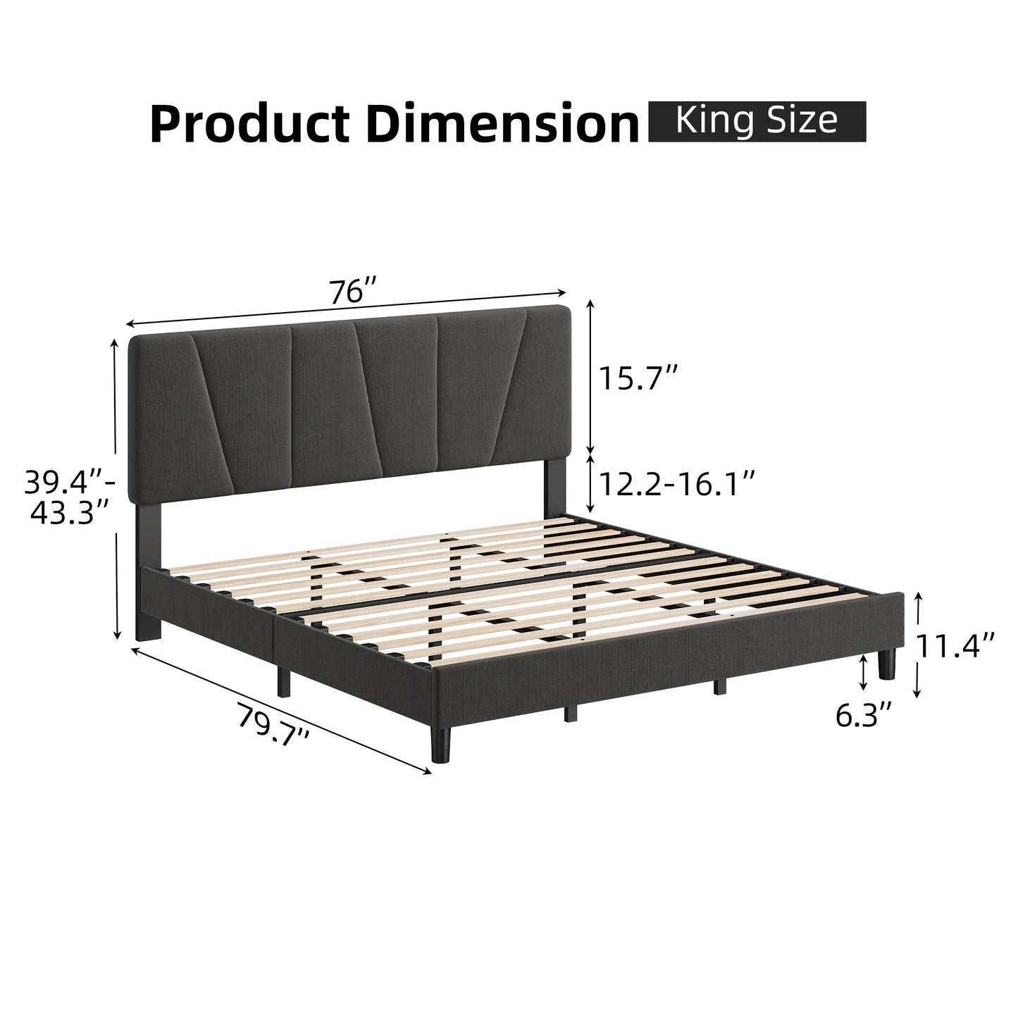 Bed Frame With Headboard, Linen Upholstered Platform Bed With Adjustable Diagonal Channel Tufted Headboard