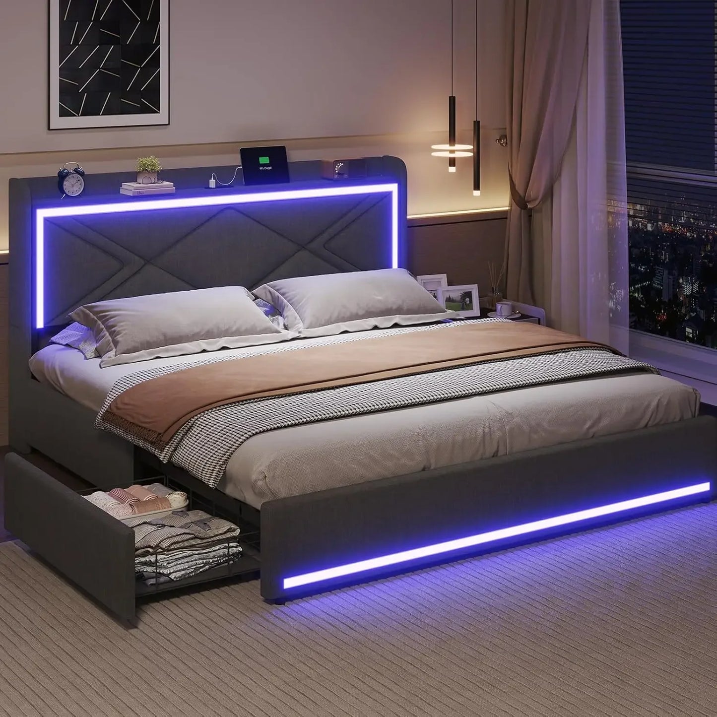 Queen Bed Frame with RGB LED Lights Headboard & USB-C/A Charging Station, Upholstered Platform Bed with Storage Drawers