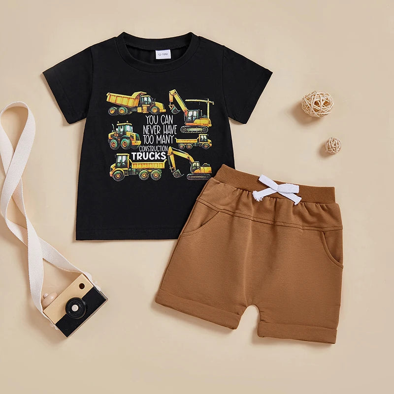 Boys Summer Outfit Sets with Short Sleeve O Neck Truck Print Tops and Solid Color Shorts - Casual and Cool Summer Wear for Boys