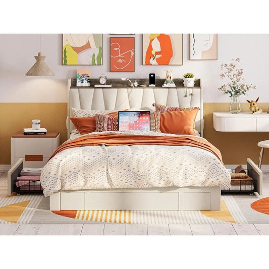 Full Size Bed Frame with 3 Drawers, Upholstered Platform Bed with Storage Headboard and Charging Station, No Box Spring