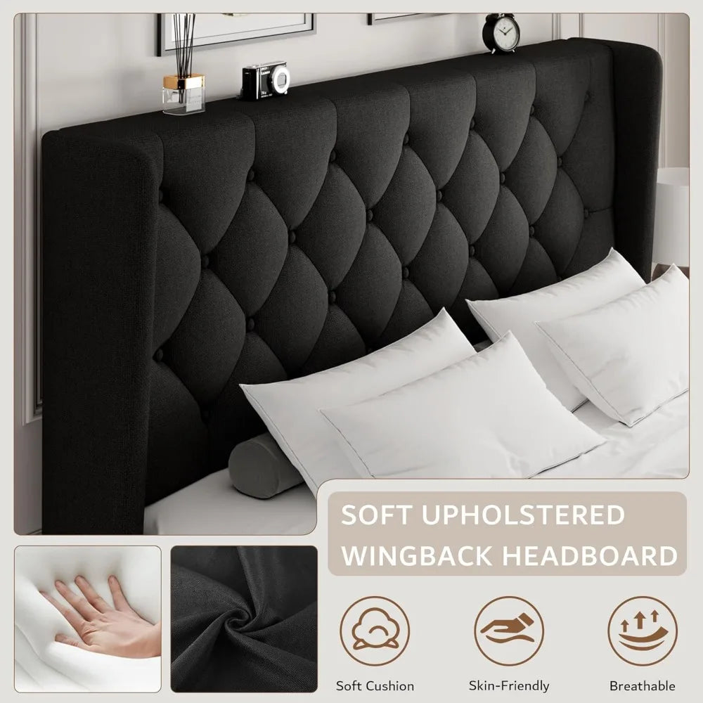 Bed Frame with Button Tufted Headboard, Upholstered Bed Frame with Solid Wooden Slats, 8" Underbed Space