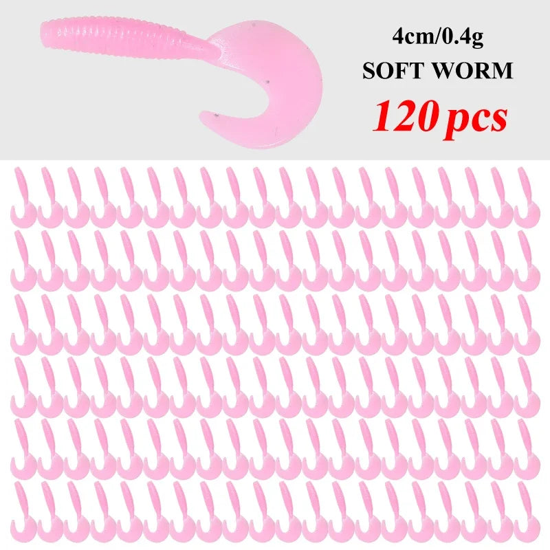 120Pcs New Soft Bait 4cm0.4g Fishing Lures Plastic Silicone Worm Moggot Grub Lure Saltwater Wobblers Carp Swimbait for Pike Tool