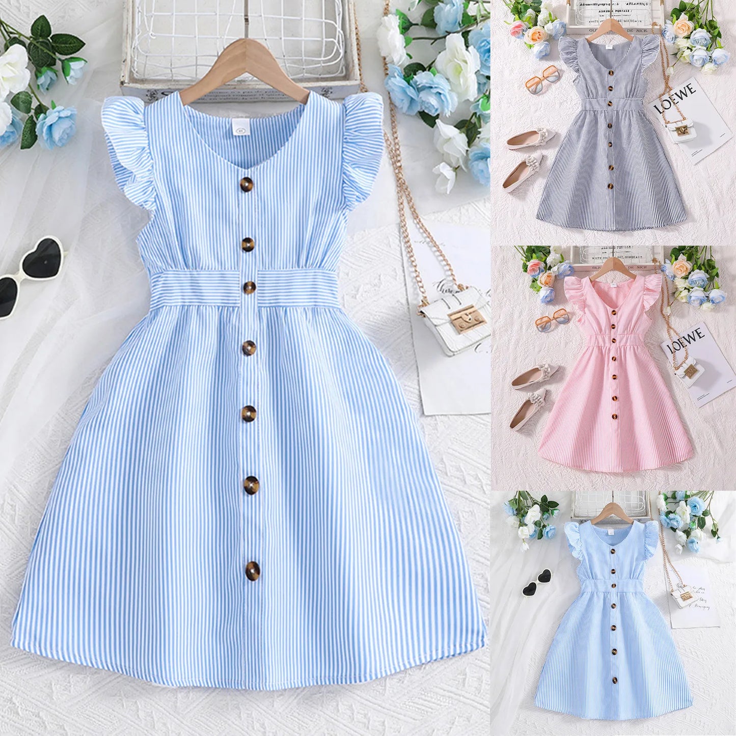 Girls Clothes Age 6 Children's Dress Summer Children's Dress New Flying Sleeve Striped Shirt Dress Children's Tween Dresses