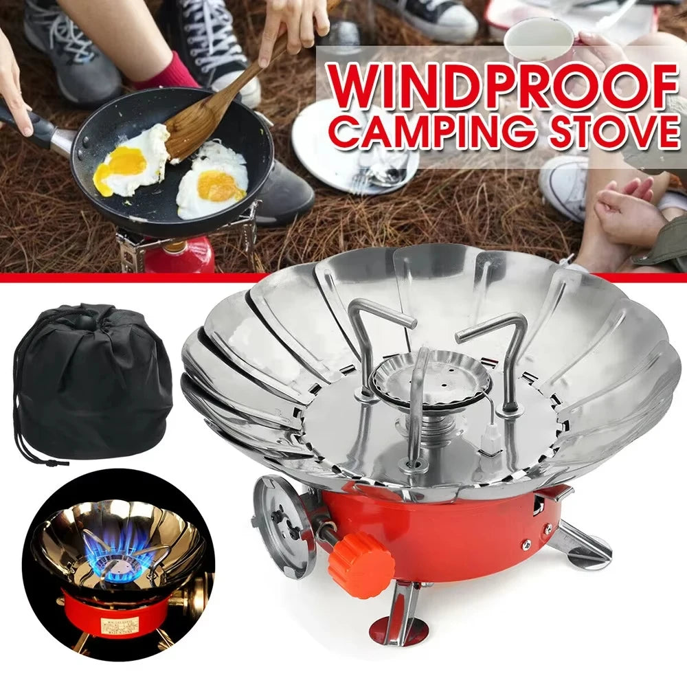Outdoor Mini Portable Folding Heater Camping Lotus Burner Kitchen Cooker Heating Foldable Furance Head Card Gas Stove Wind Proof