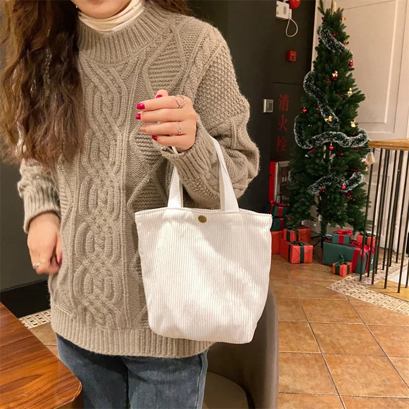 Cute Corduroy Shopper Tote Bag Woman Girls Lady Travel Shopping Cloth Handbags Lunch Bag Small Portable Hand Pouch Bag Organizer