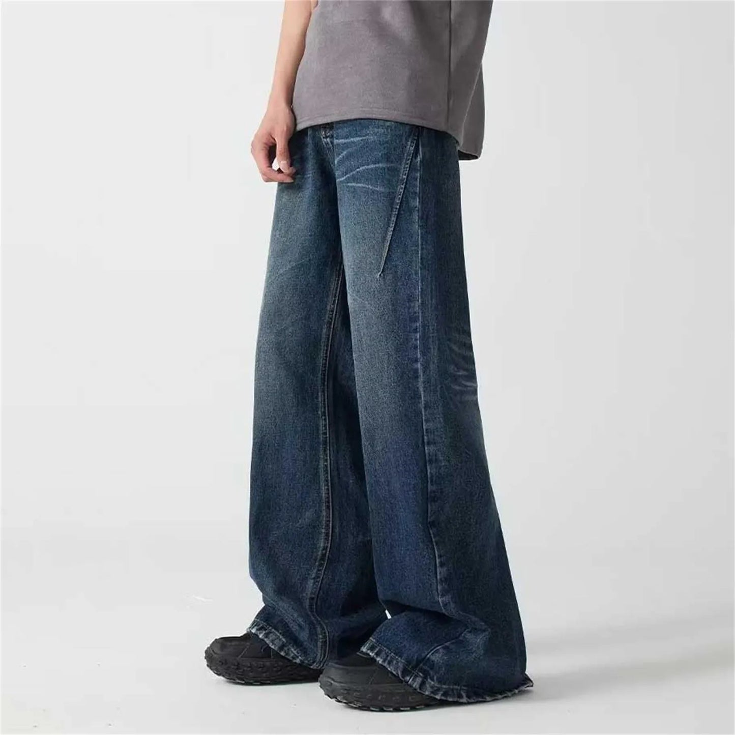 Baggy Jeans Men Distressed Denim Wide Leg Pants Pleated Oversize Hip Hop Trousers Male Korean Streetwear Men Clothing