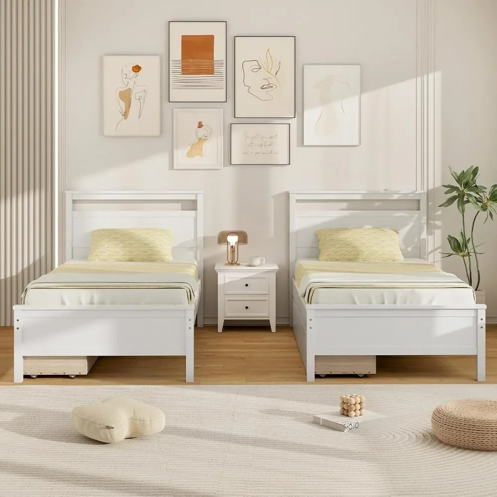 Wood Twin Bed with 2 Storage Drawers, Solid Wood Platform Bed with Headboard, Single Bed Wooden Slats Support