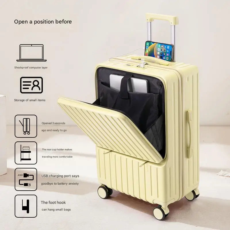 Luggage new large-capacity trolley case durable universal wheel Suitcase Portable Travel Case With Cup Holder USB Charging Port