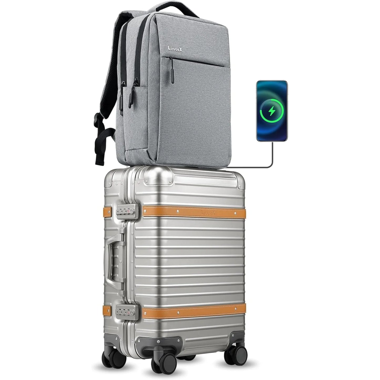 LUGGEX All Aluminum Carry On Luggage with USB Port - Hard Shell Zipperless Luggage with Wheels - Retro Meets Tech Travel