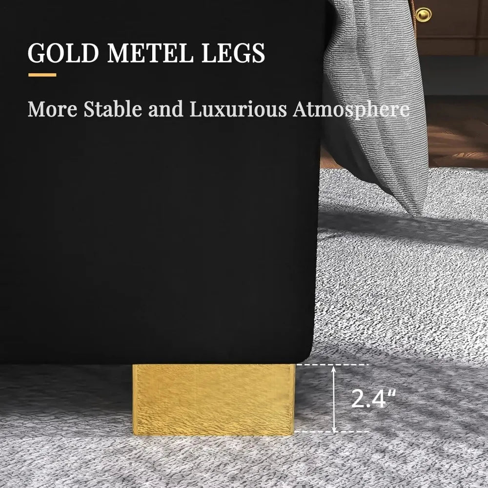 Queen Size Platform Bed Frame, 61.4" Velvet Upholstered Bed with Gold Trim Headboard/Wooden Slats/No Box Spring Needed
