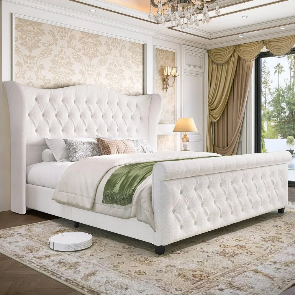 Bed Frame Chenille Upholstered Platform Sleigh Bed with 51" Scroll Wingback Tall Headboard & Footboard/Deep Button