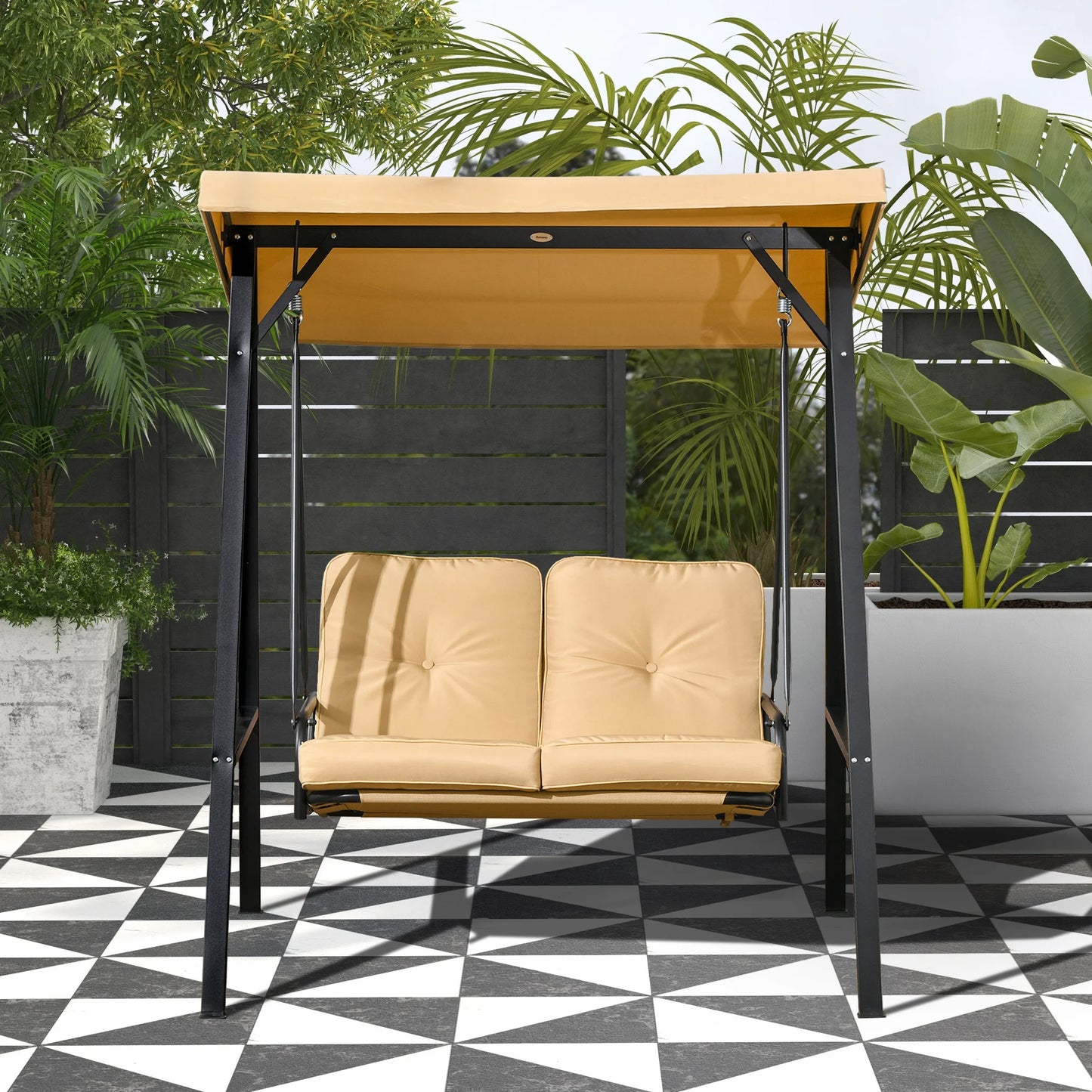 Outsunny 2 Seater Garden Swing Chair with Adjustable Tilting Canopy, Outdoor Hammock Bench with Steel Frame for Patio, Beige