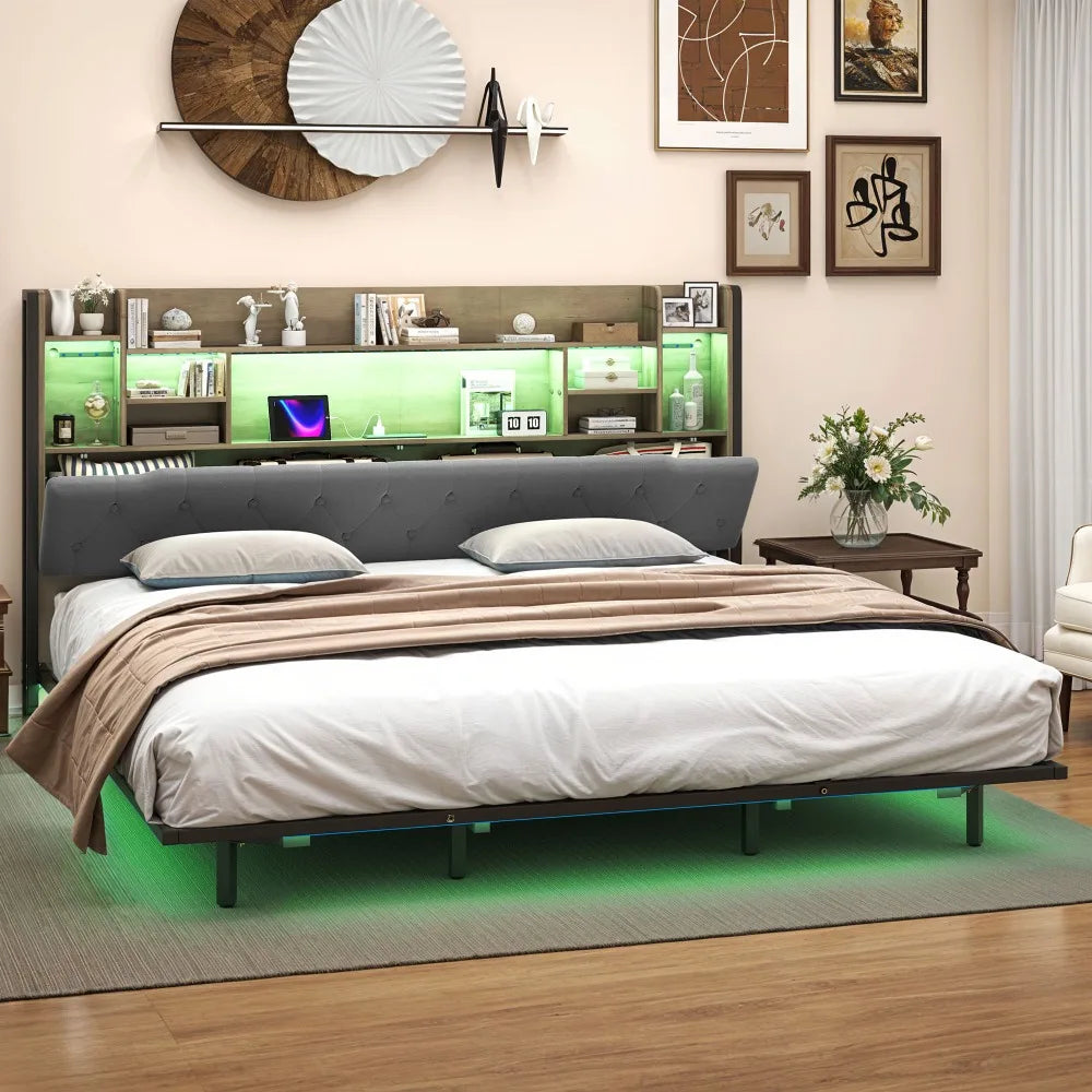 King Size Bed Frame Storage Headboard Include Smart LED Lights, Plug in Port, Easy Assembly, Bedroom Furniture Gray King Beds