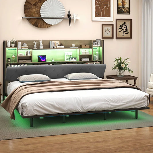 King Size Bed Frame Storage Headboard Include Smart LED Lights, Plug in Port, Easy Assembly, Bedroom Furniture Gray King Beds