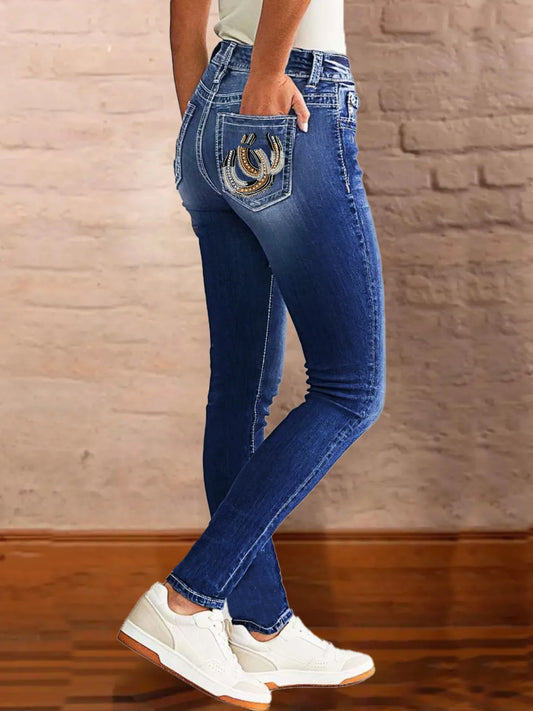 Blue Large Size Horseshoe Graphic Embroidery Back Bag Pants High Waist Elegant Mature Four Seasons Women's Large Size Jeans