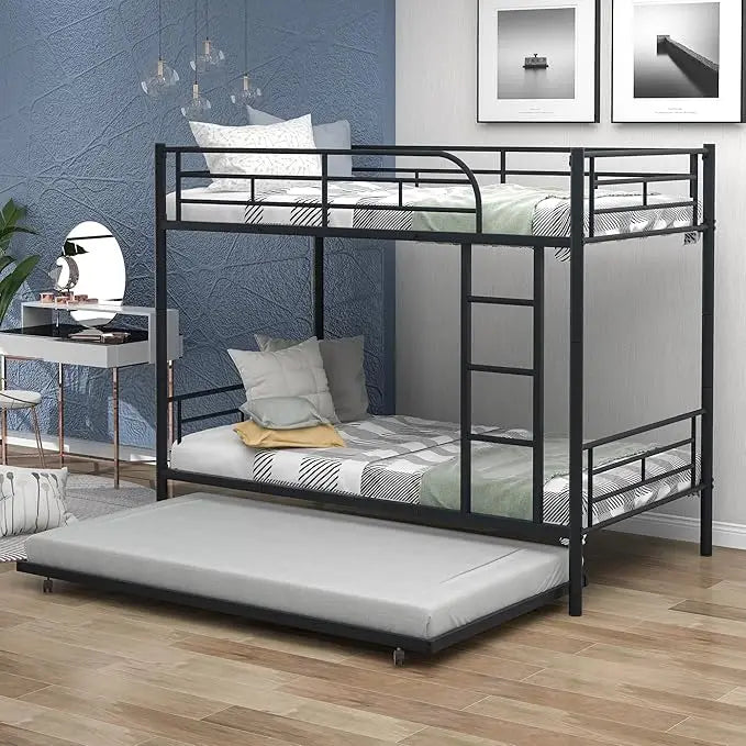 Twin Over Twin Bunk Bed Frame with Trundle,Metal Bunk Bed Bedframe with Guard Rail and 2 Ladders for Adults,Can be Divided into