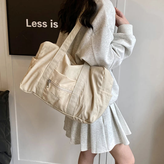 Unisex Travel Shoulder Bag Solid Color Travel Carry-On Handbag Multi-Pocket Lightweight Tote Handbag Outdoor Short Trip Bag