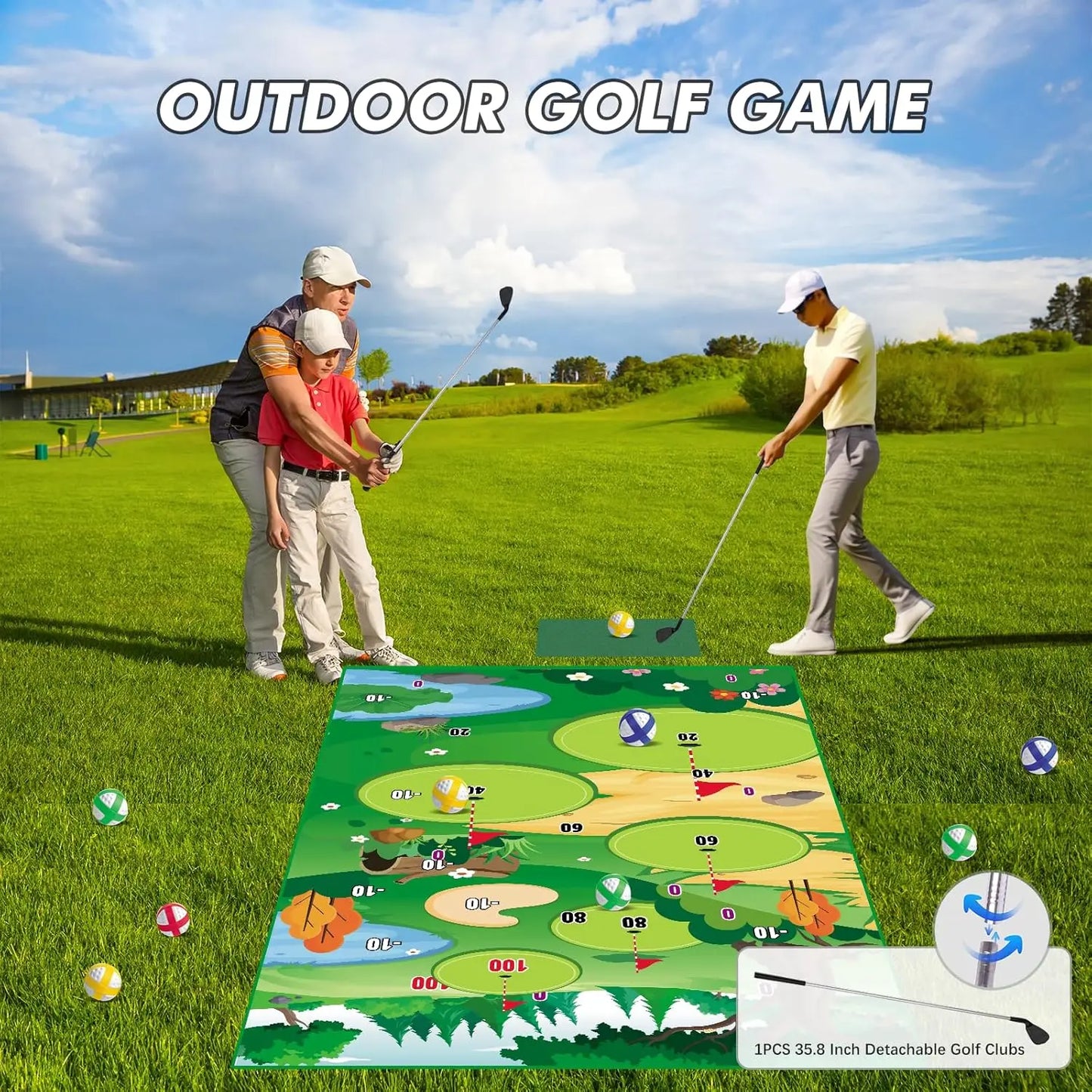 VATOS Golf Chipping Game Mat with Club Practice Training Indoor Outdoor Hitting Mat 20-Balls for Kids Adults Play Stick Chip Set