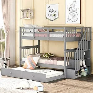 Harper & Bright Designs Full Size Loft Bed Frame with Stairs and Desk, Solid Wood Loft Bed with Storage Drawers and Bookshelf fo