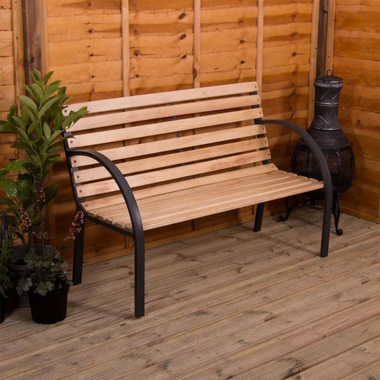 Slatted Garden Bench Wooden Seater Outdoor Furniture Seating Wood Slats Steel Legs Park Patio Seat