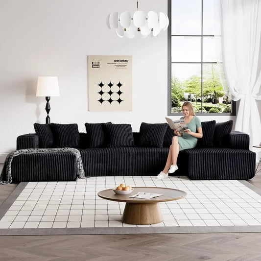131" Modular Sectional Couch, Luxury Black Sectional Couches for Living Room, Comfy Corduroy Couch Sectional Sofa