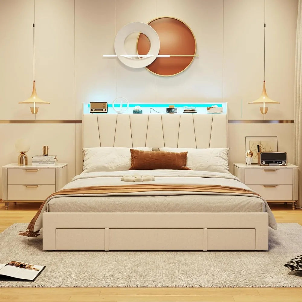 Full Size Bed Frame with Storage Headboard and 3 Drawers,Upholstered Platform Bed with Charging Station