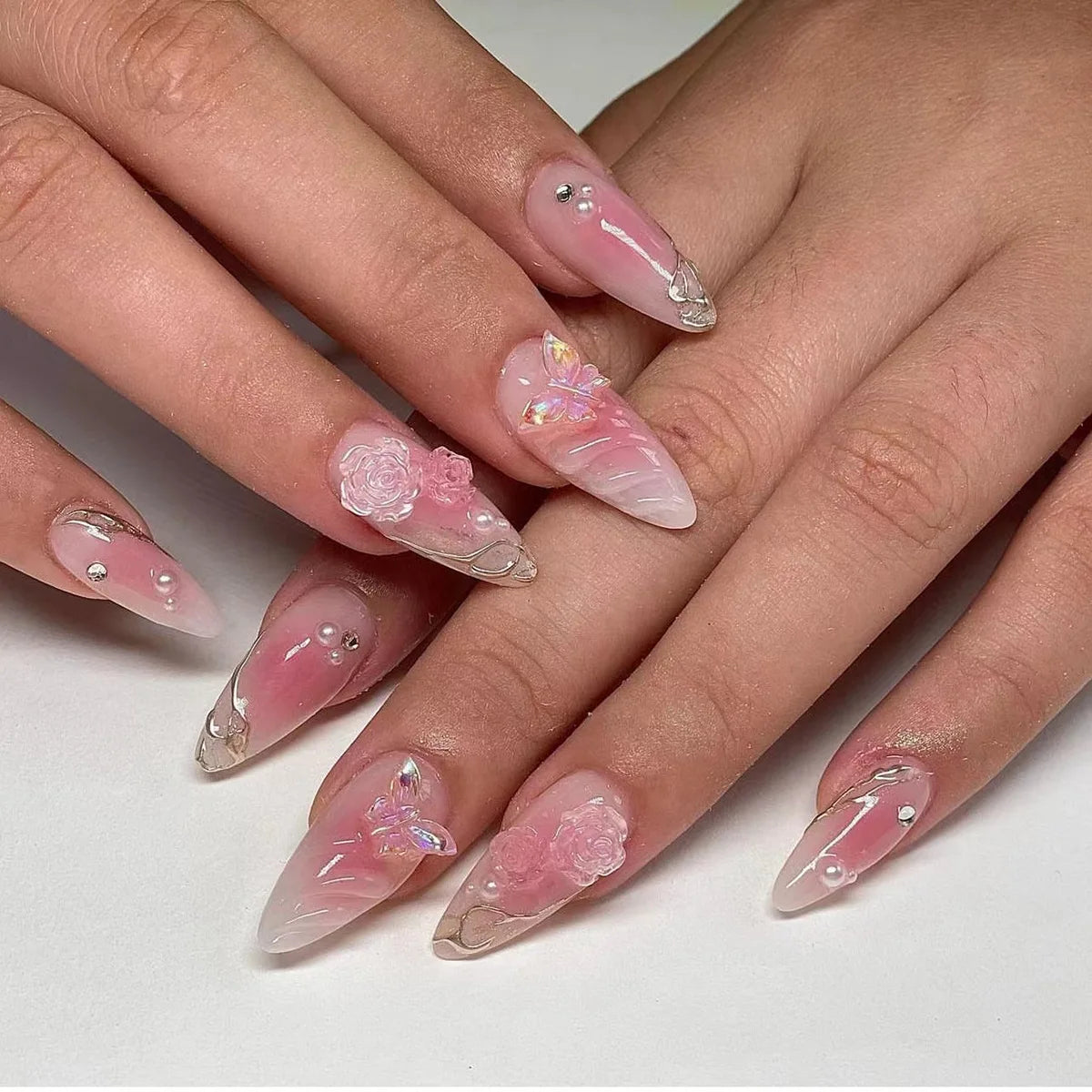 24pcs Aurora Nude Pink Press on Nails Almond Acrylic Sweet Fake Nails with 3d Charms Butterfly Florals Full Cover Flower Nails