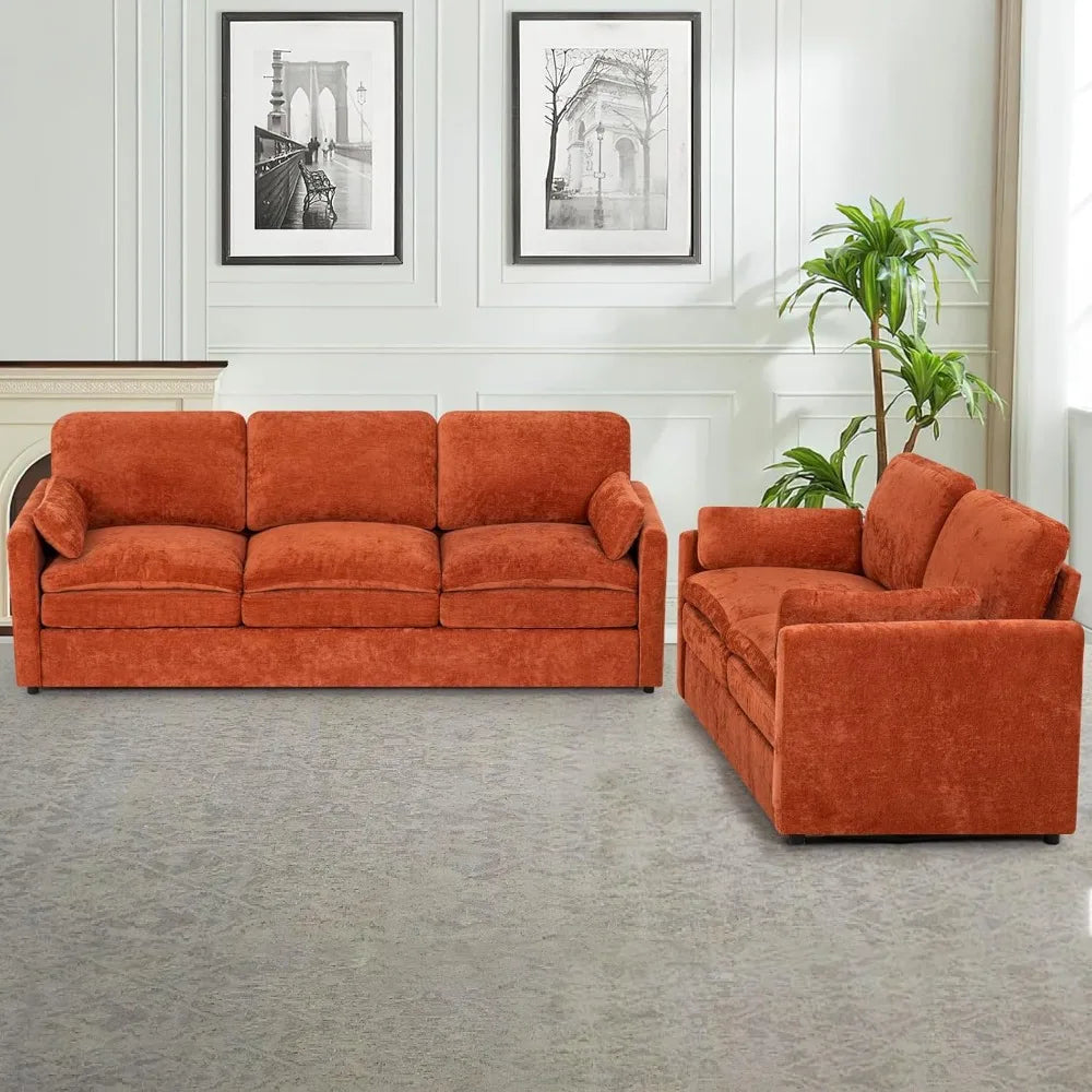 Modern 3 Seater  Sofa with Upholstered Cushions, 2 Pieces  Couch with Soft and Thickened Seats for Living Room, Office, Orange