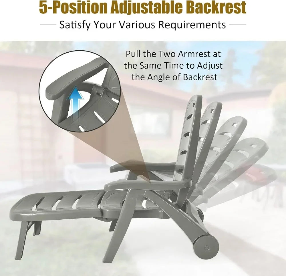 Folding Sunlounger with Wheels, 5-Position Adjustable Outdoor Deck Chair Furniture, Garden Beach Patio